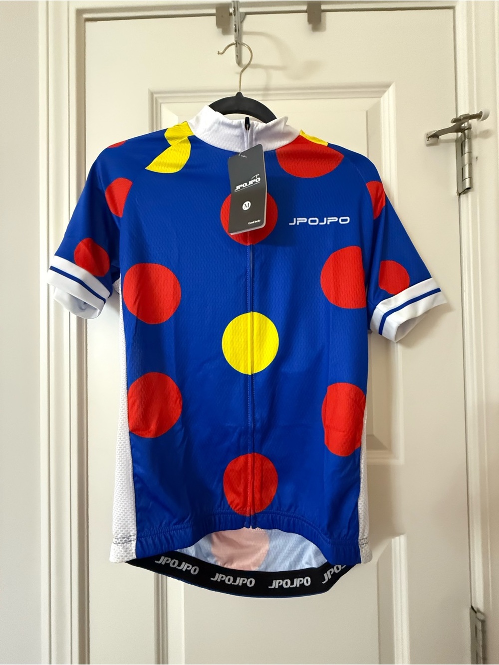New With Tags JPOJPO Men's Cycling Jersey Blue Red Polka Dot Short Sleeve Size M